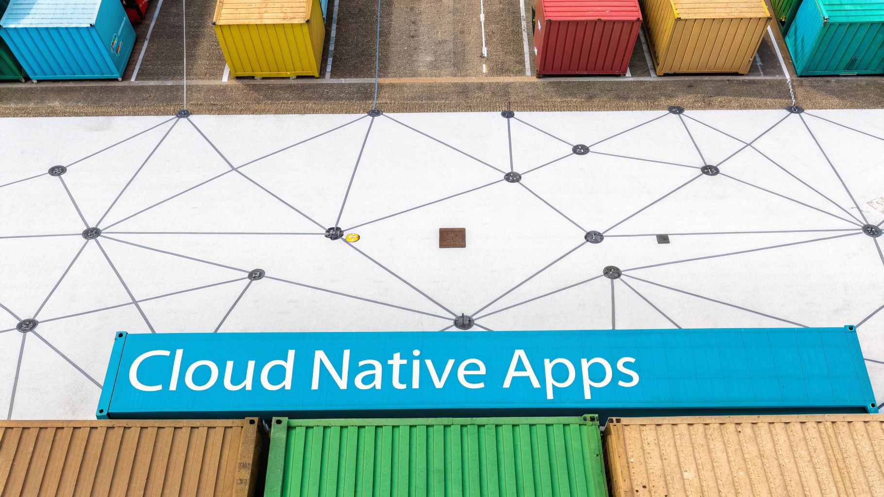 Aerial view of colorful shipping containers and a white ground with a network pattern. A blue container reads 'Cloud Native Apps'.