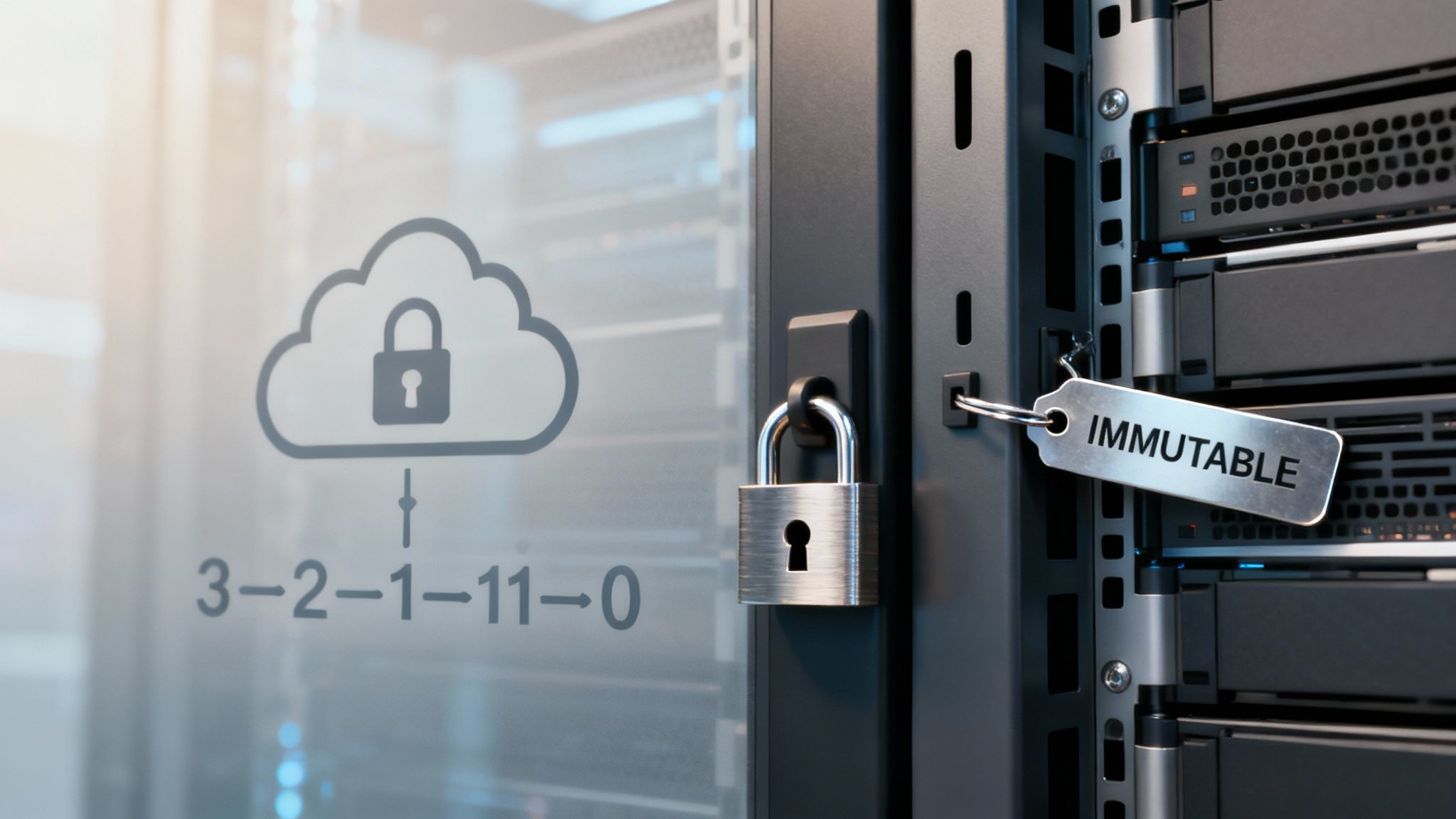 A digital lock and shield icon overlaying a server rack, symbolizing the protection of immutable backups.