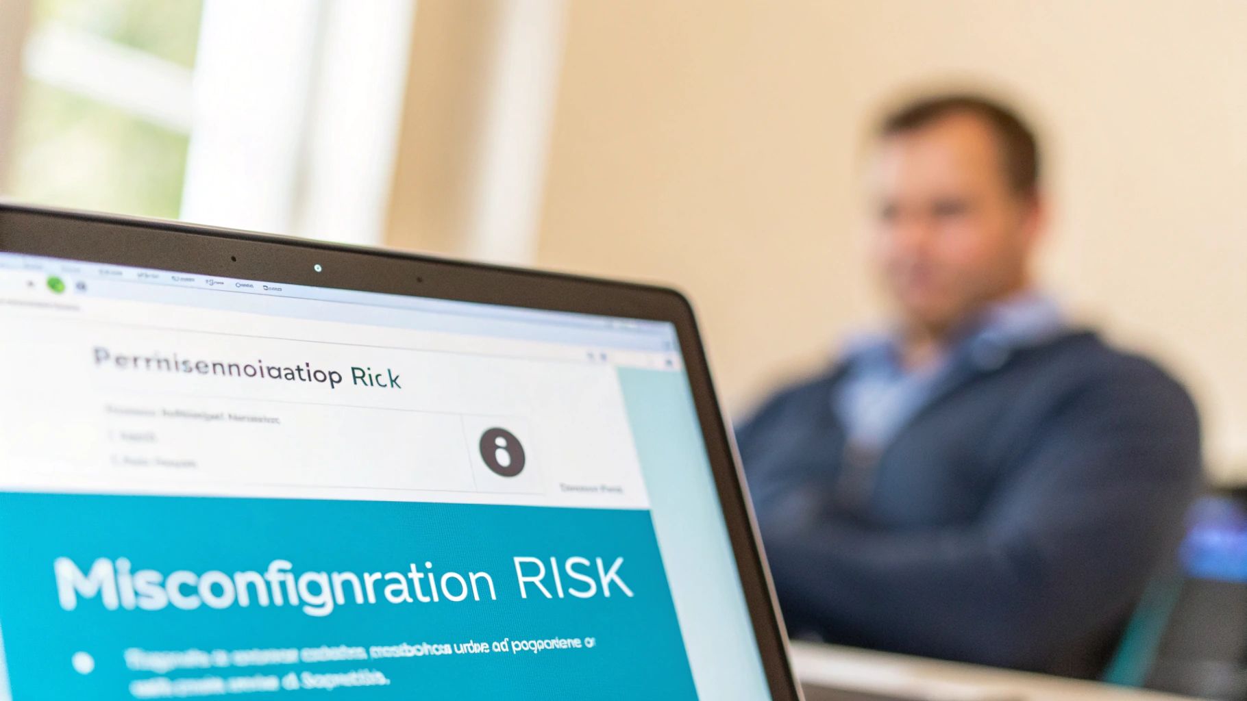 A laptop screen displaying a 'Misconfiguration RISK' warning, with a blurred man in the background.