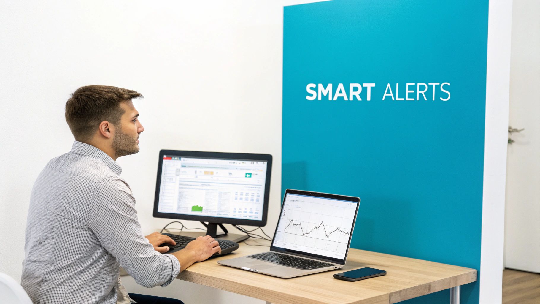 A man analyzing data on multiple computer screens and a laptop at a modern workspace.