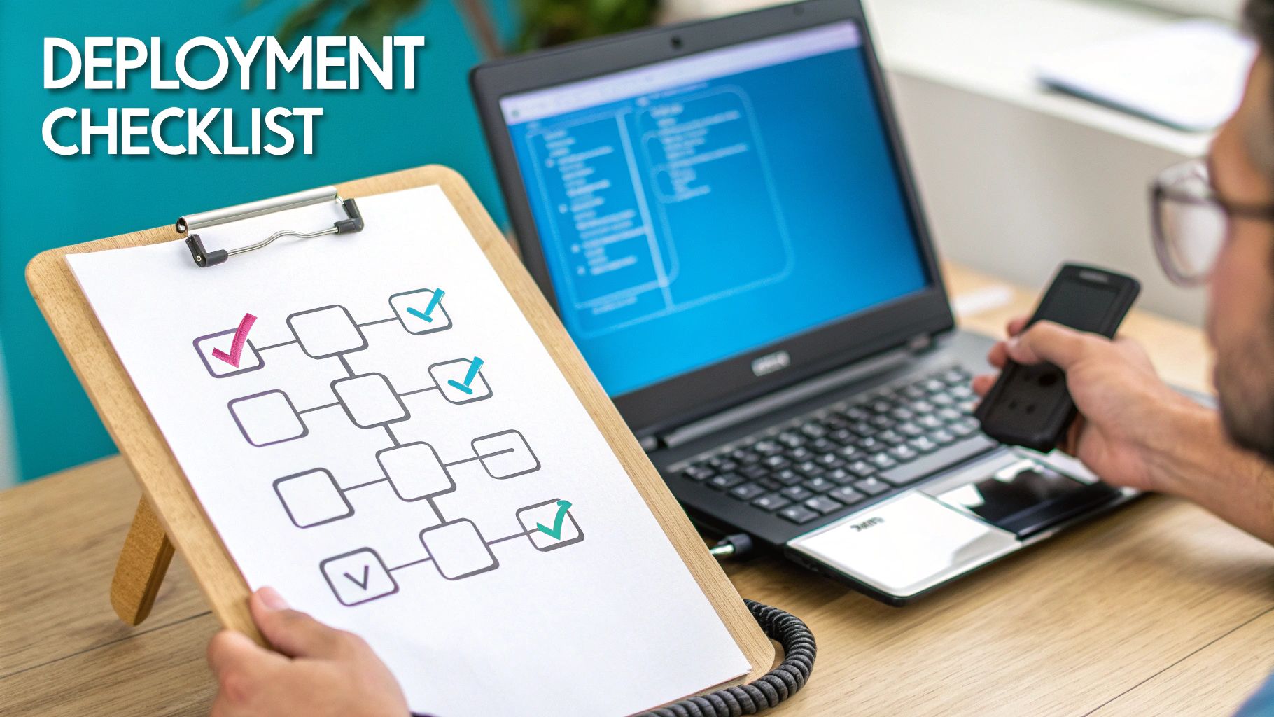 A person reviewing a deployment checklist on a clipboard next to a laptop and a phone.