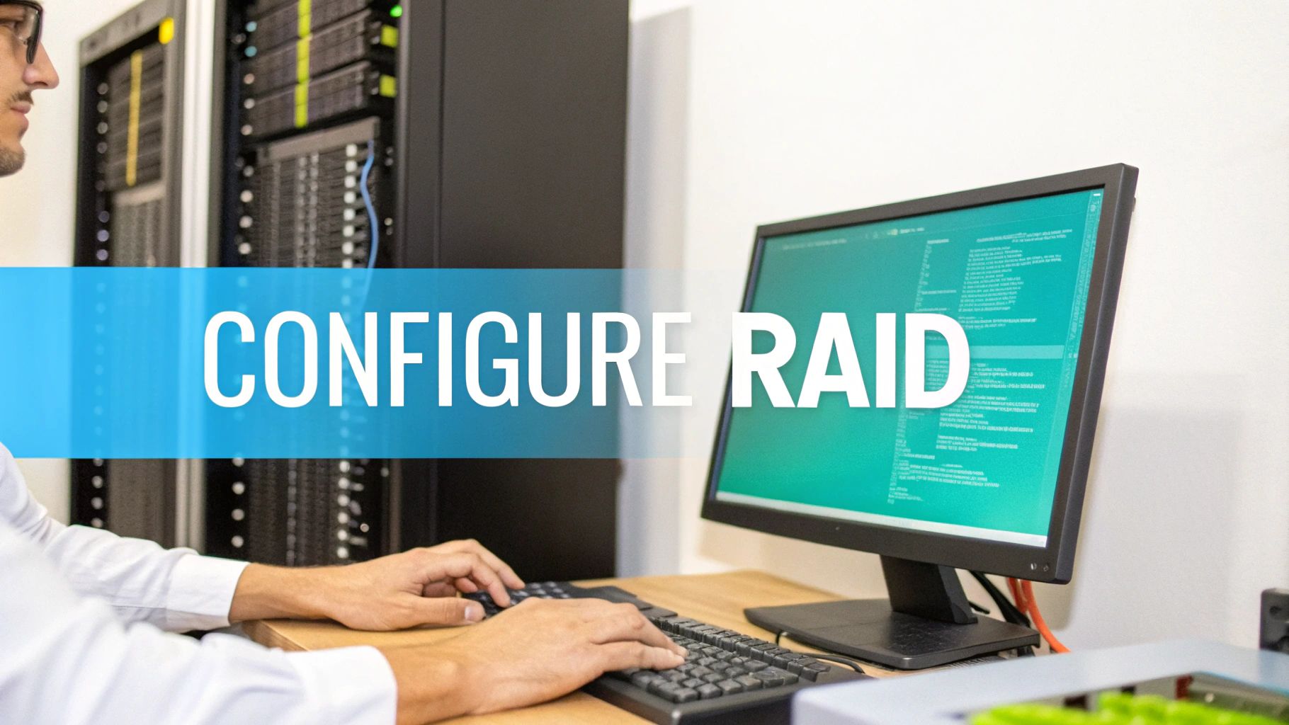 A man configuring RAID on a computer in a server room, with server racks in the background.