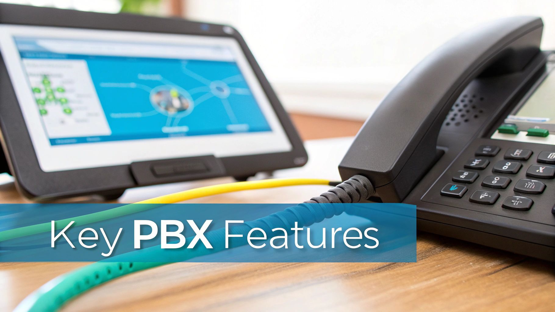 A black business phone and tablet on a wooden desk, connected by cables, illustrating key PBX features.