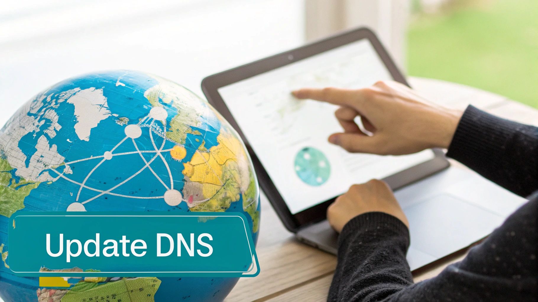 A person interacting with a tablet next to a globe displaying a network, with 'Update DNS' text.