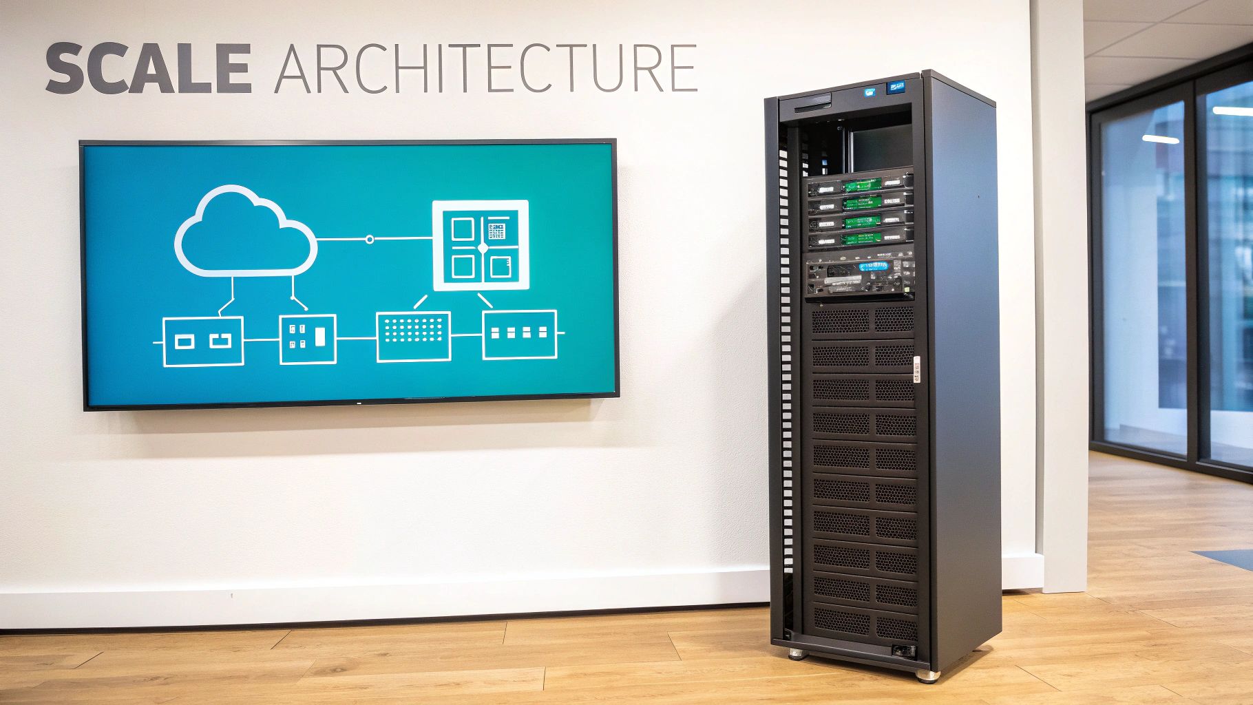 Server rack displaying hardware next to a screen showing a cloud architecture diagram with 'SCALE ARCHITECTURE' on the wall.