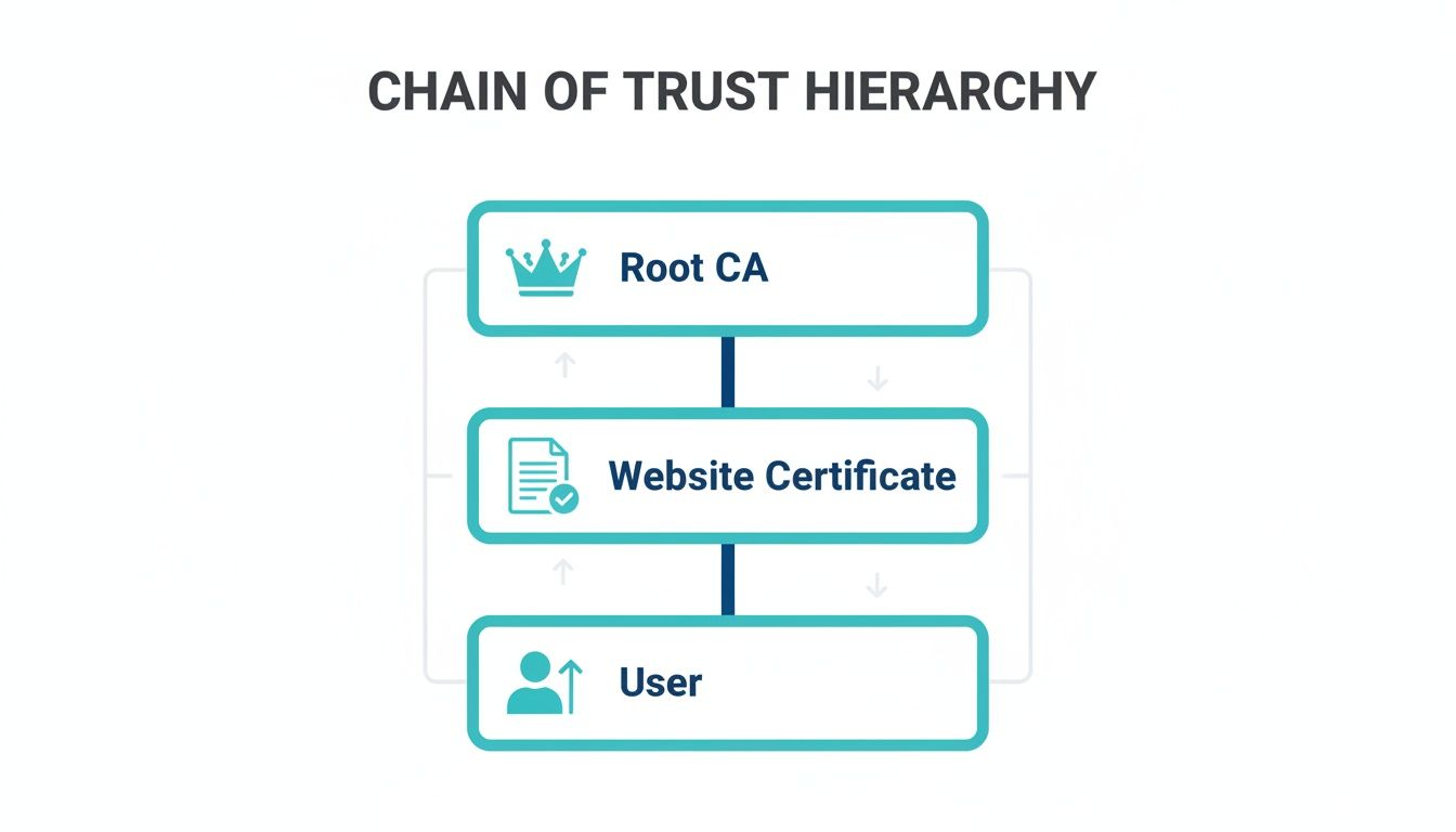 A diagram illustrating the digital certificate chain of trust hierarchy: Root CA, Website Certificate, and User.