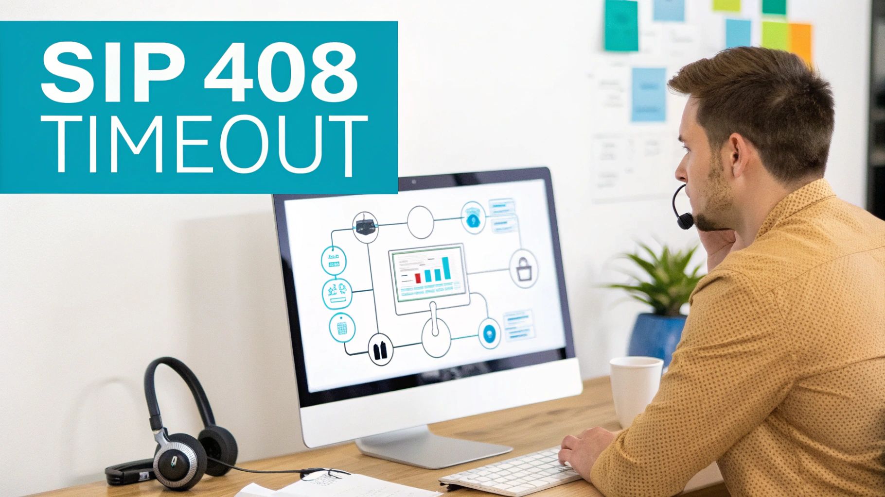 A man wearing a headset looks at a computer screen displaying a diagram, with "SIP 408 TIMEOUT" text.