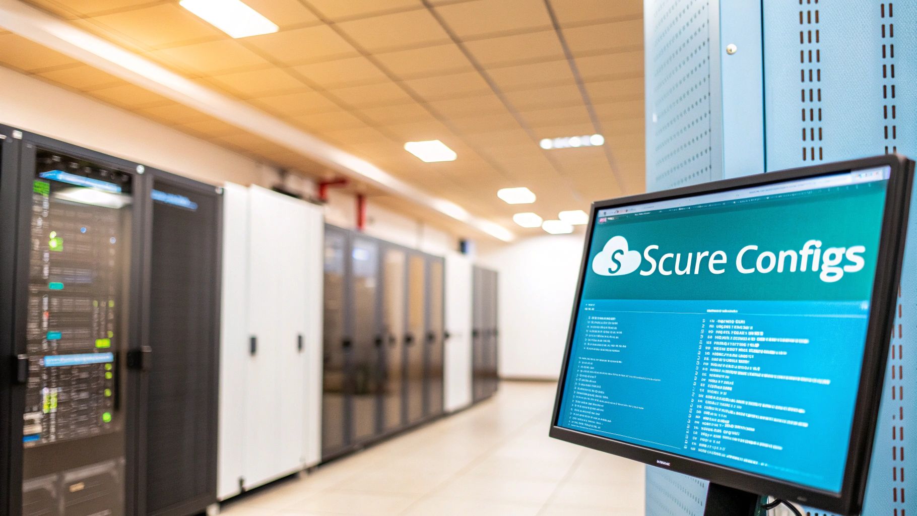 Modern data center with rows of server racks and a monitor showing 'Scure Configs' software interface.