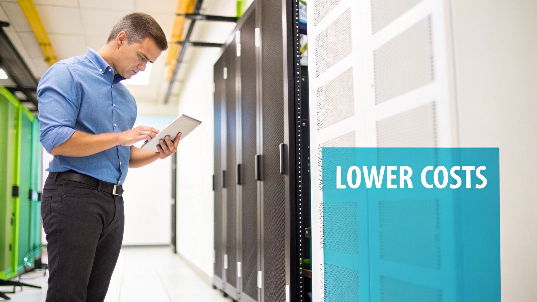 A professional in a data center reviews information on a tablet, highlighting "LOWER COSTS."