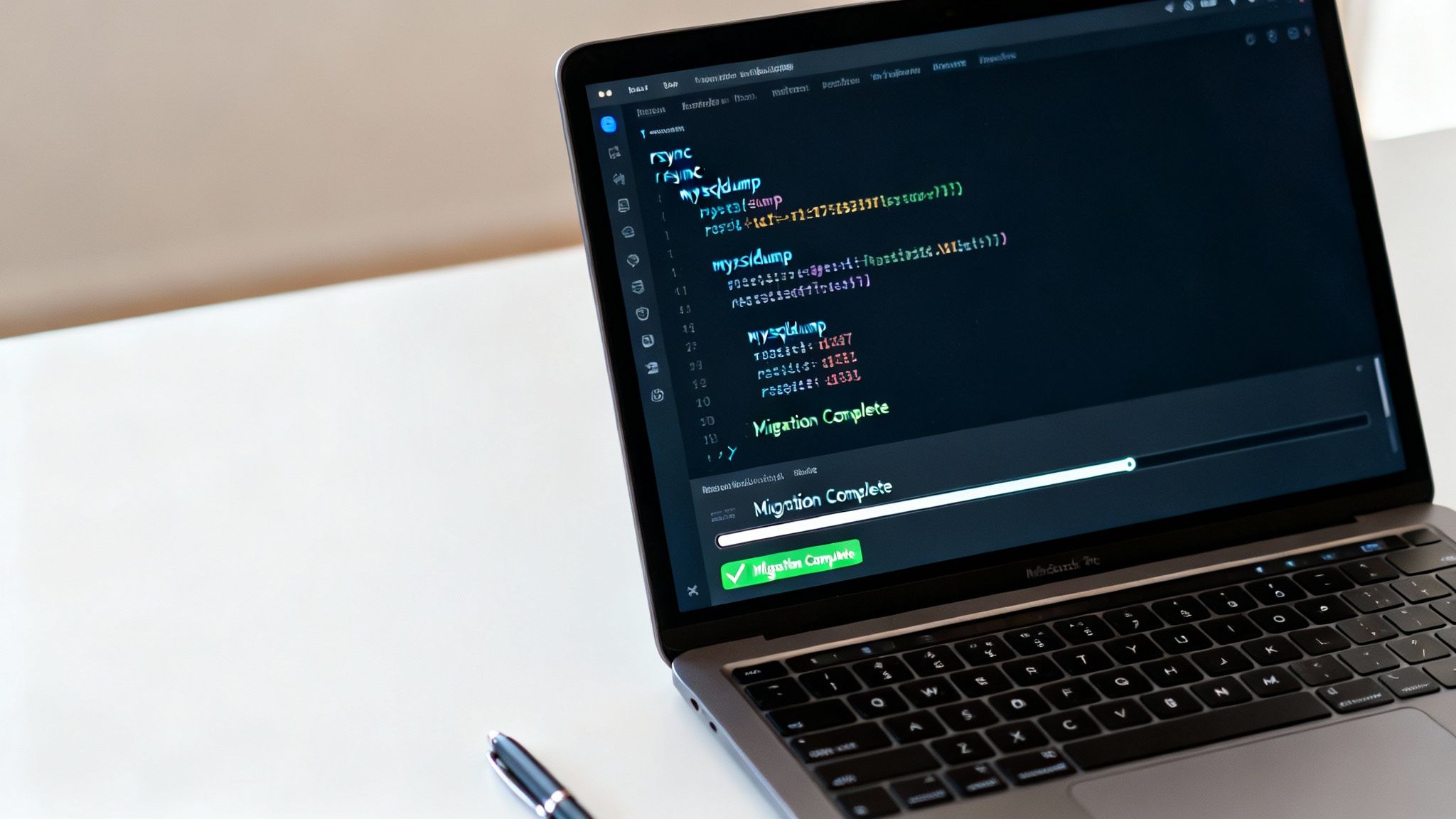 A laptop screen displays code, database dump commands, and a 'Migration Complete' message.