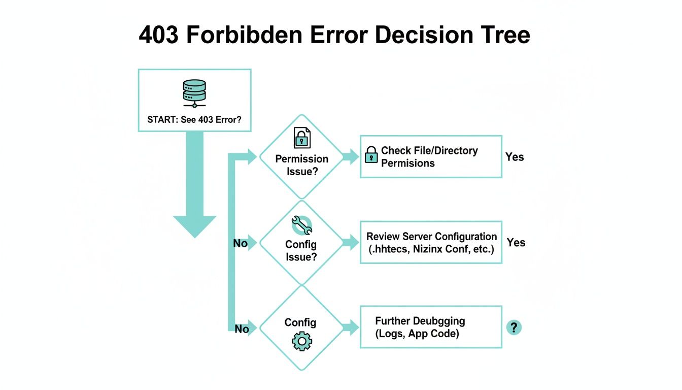 A decision tree flowchart for diagnosing and troubleshooting a 403 Forbidden error.