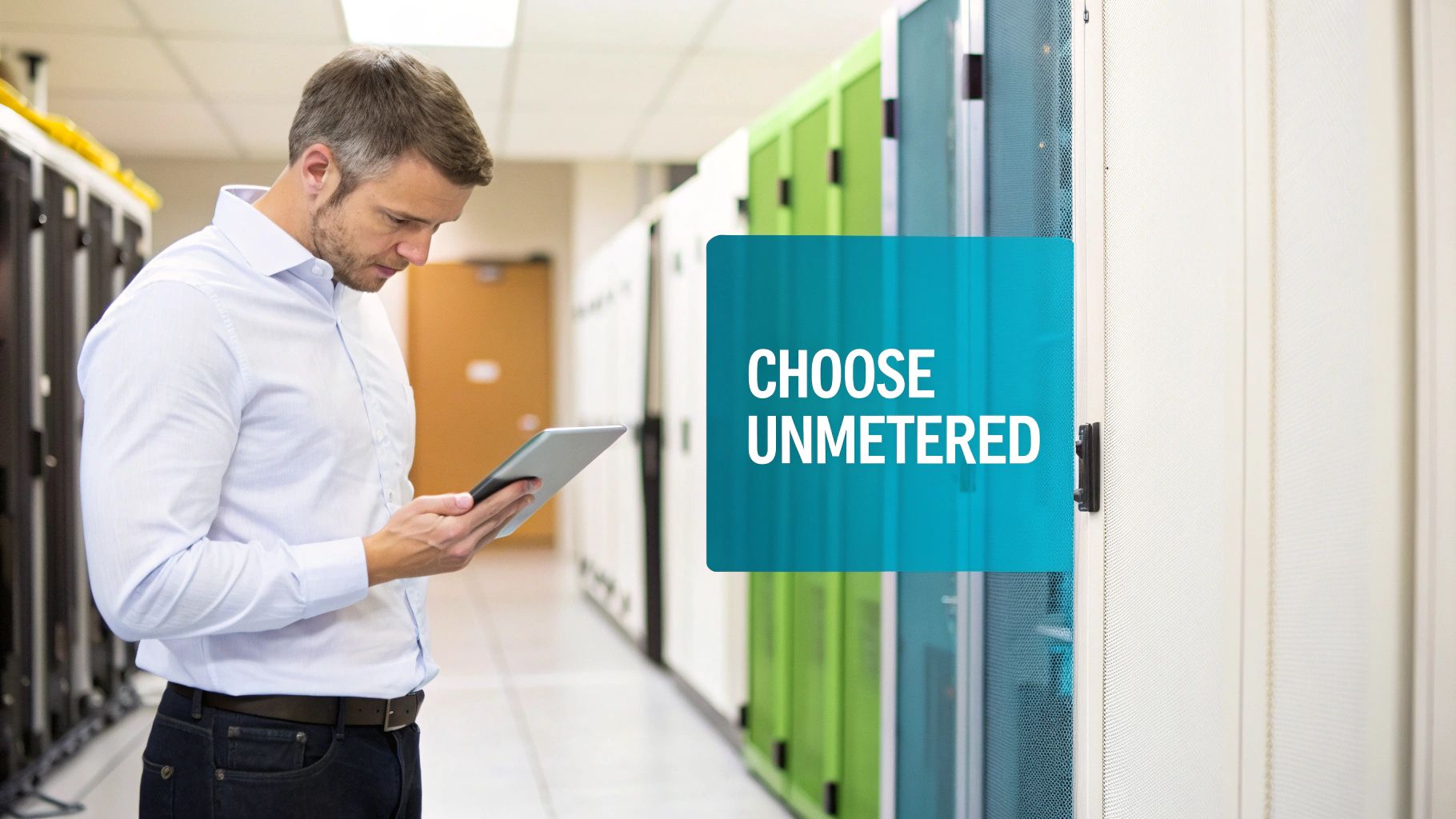 A man in a server room reviews a tablet, with a blue overlay saying 'CHOOSE UNMETERED'.