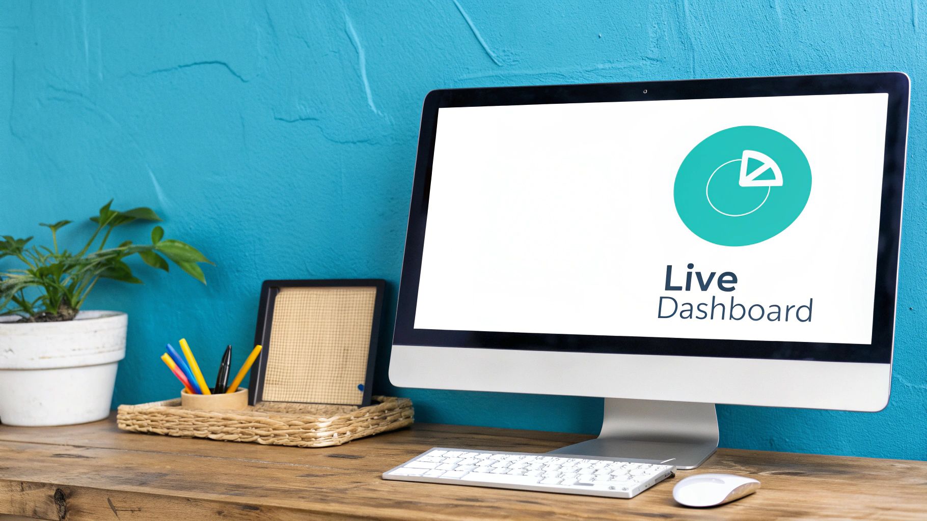 A computer screen displays a 'Live Dashboard' with a pie chart icon, on a wooden desk.