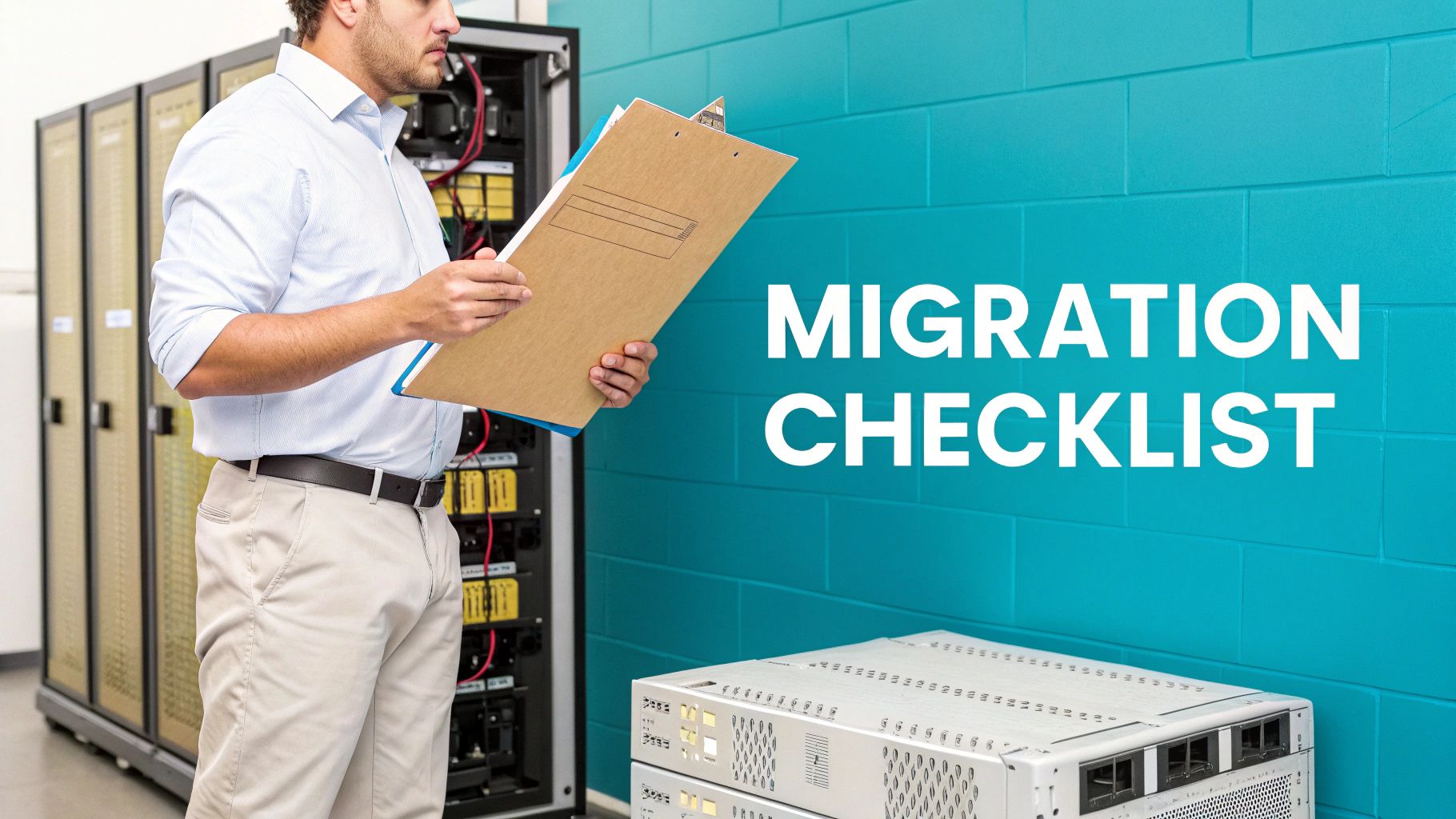 A man in a server room reviews a migration checklist on a clipboard next to racks.
