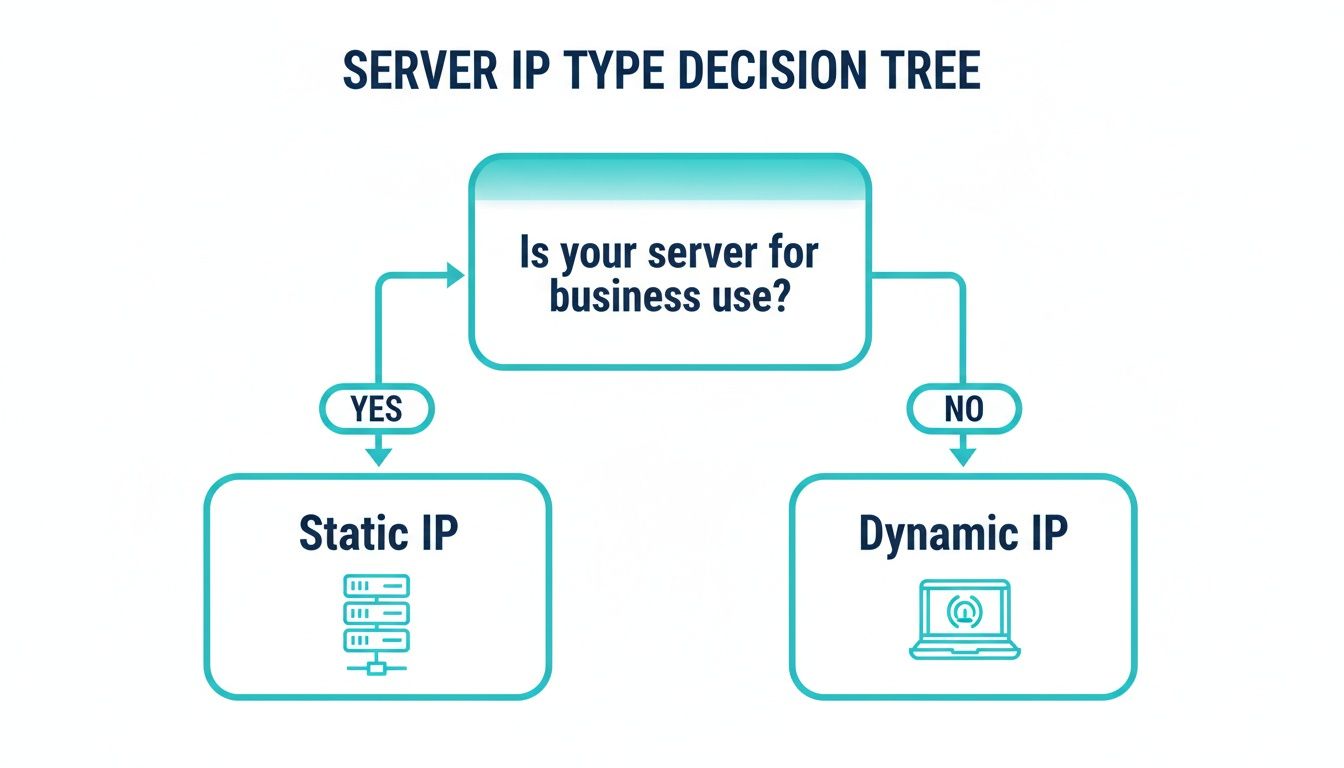 Decision tree for server IP type: Static IP for business use, Dynamic IP for non-business.