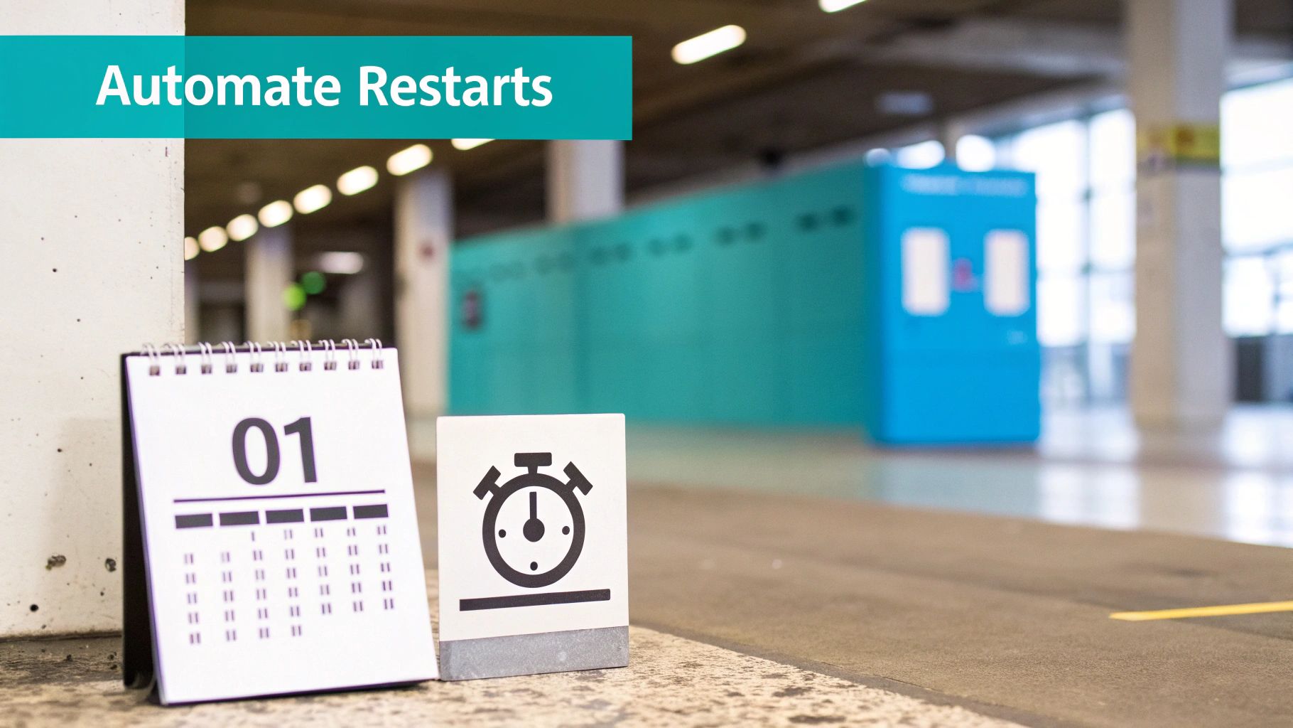 A calendar displaying '01' and a stopwatch icon, with text 'Automate Restarts' above.