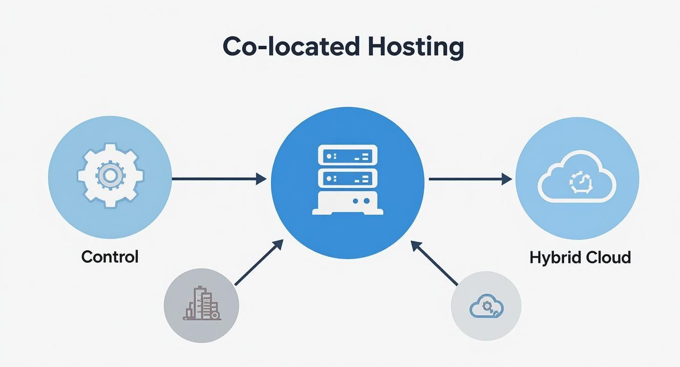 Co-located hosting infrastructure diagram showing control, servers, hybrid cloud, and connectivity between components
