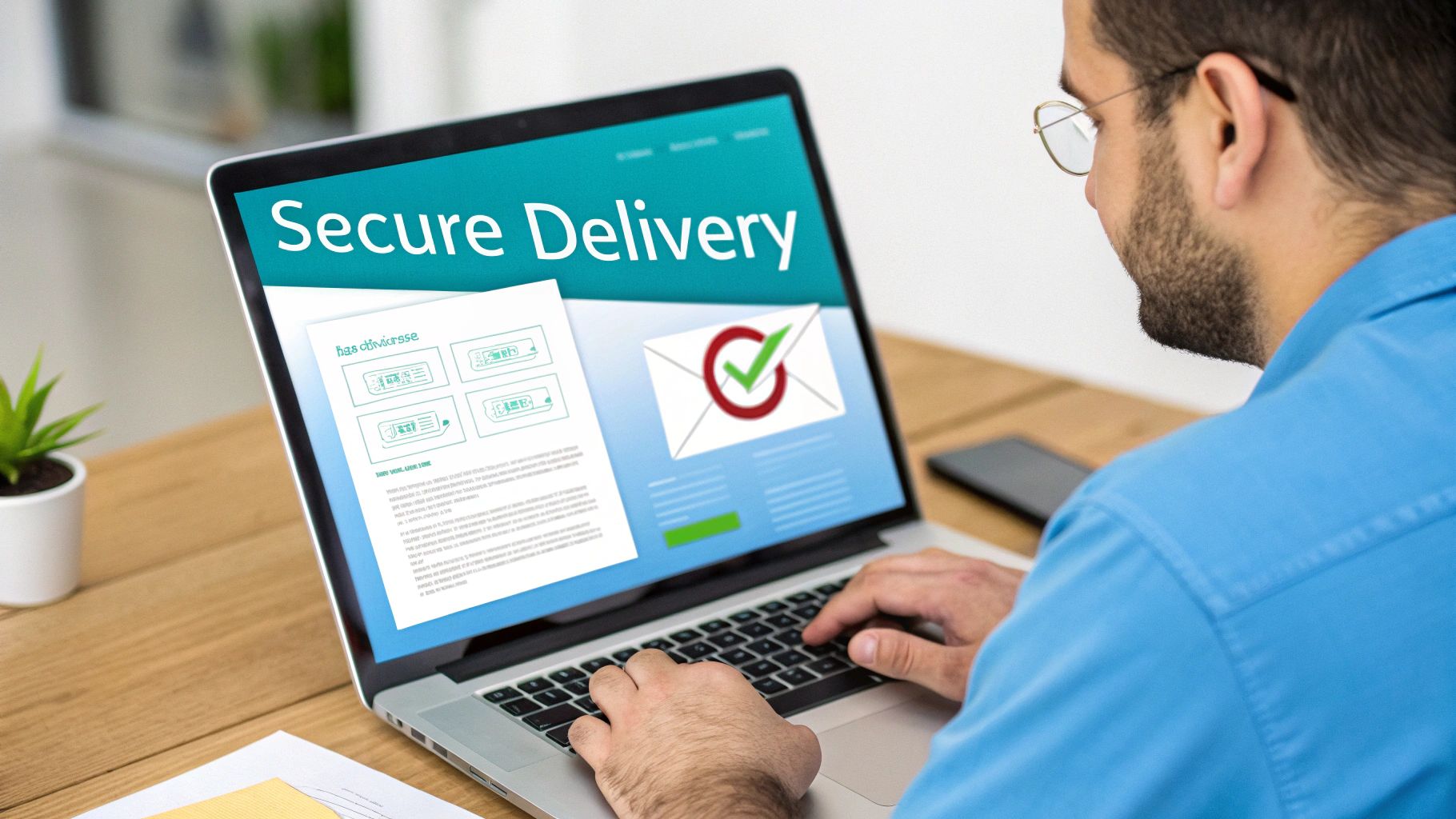 Man typing on a laptop displaying 'Secure Delivery' with an envelope icon, symbolizing safe online services.