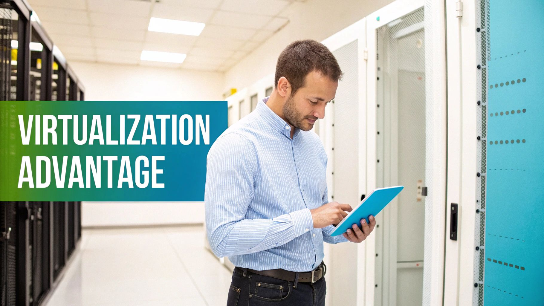 A man in a server room manages equipment using a tablet, with a 'Virtualization Advantage' banner.