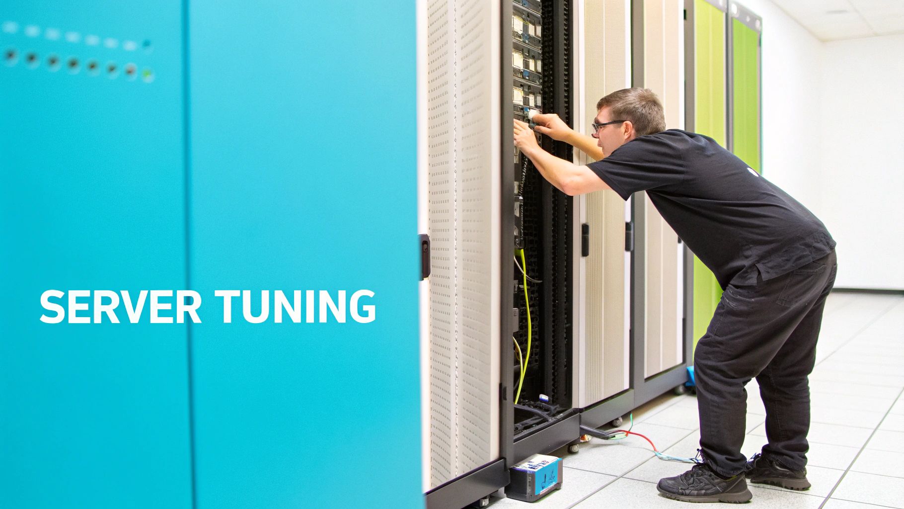 A sysadmin working on optimizing server performance in a data center.