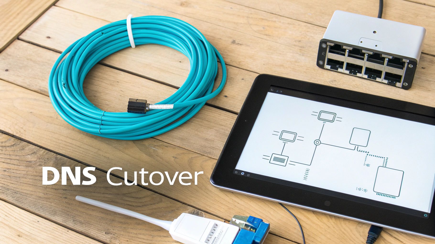Network cables, a switch, and a tablet showing a DNS cutover diagram on a wooden table.