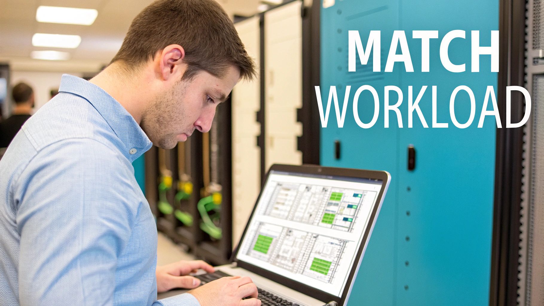 A person inspecting server racks in a modern data center, symbolizing the evaluation of web hosting infrastructure.