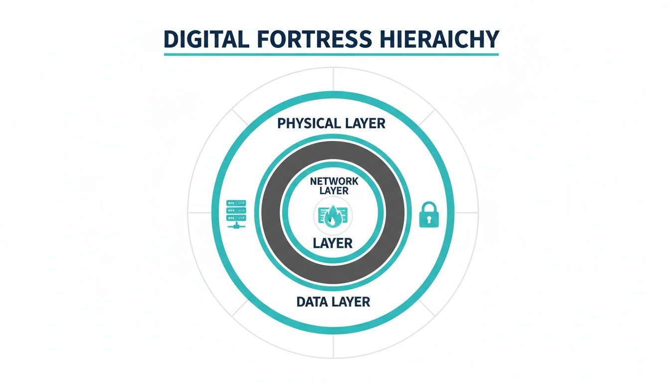 A concentric diagram illustrates the Digital Fortress Hierarchy with Physical, Data, and Network security layers.