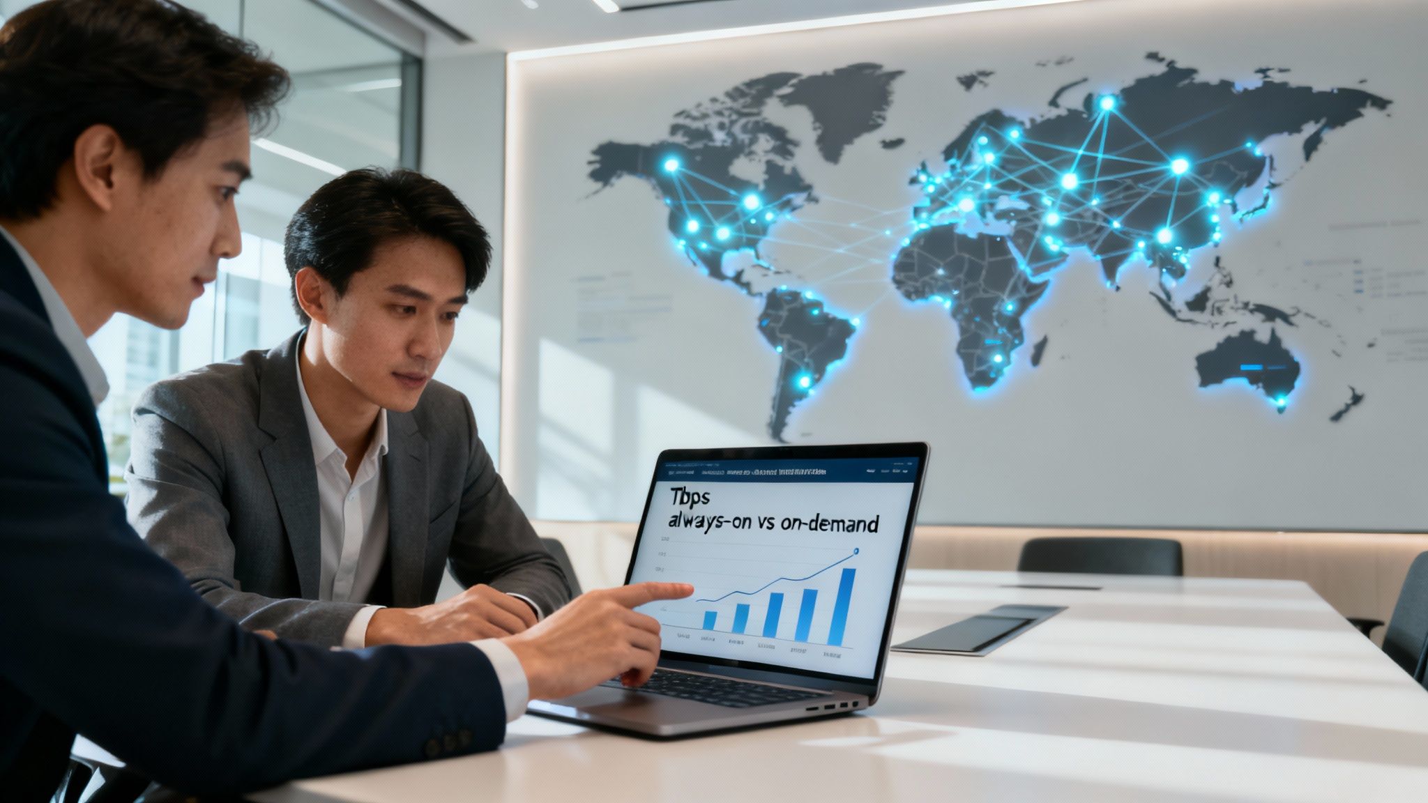 A network engineer examining data on multiple monitors in a modern server control room, representing the selection of a managed hosting provider.