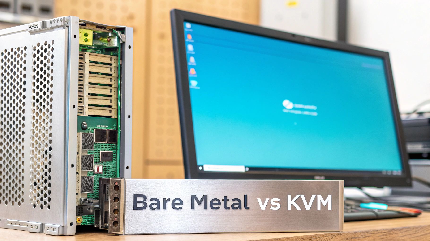 An open server tower showing internal components, a monitor, and a sign 'Bare Metal vs KVM'.