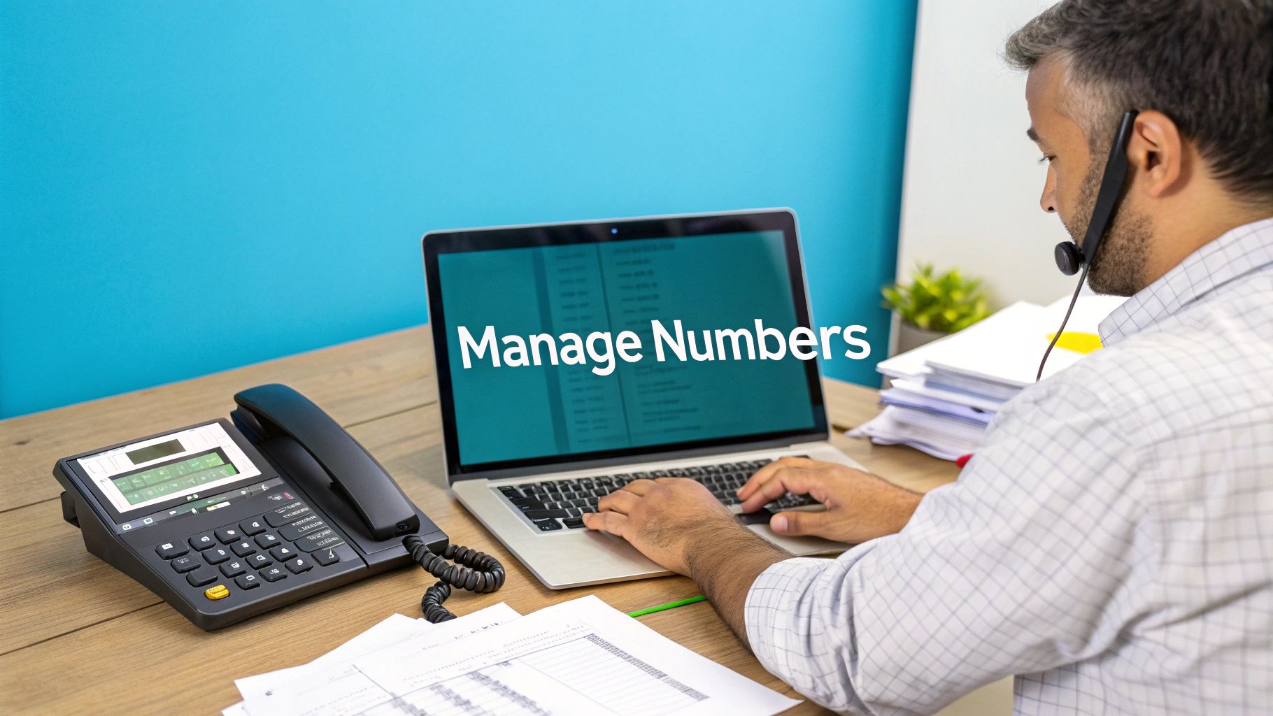 A man in a headset types on a laptop with "Manage Numbers" on screen, a phone on the desk.