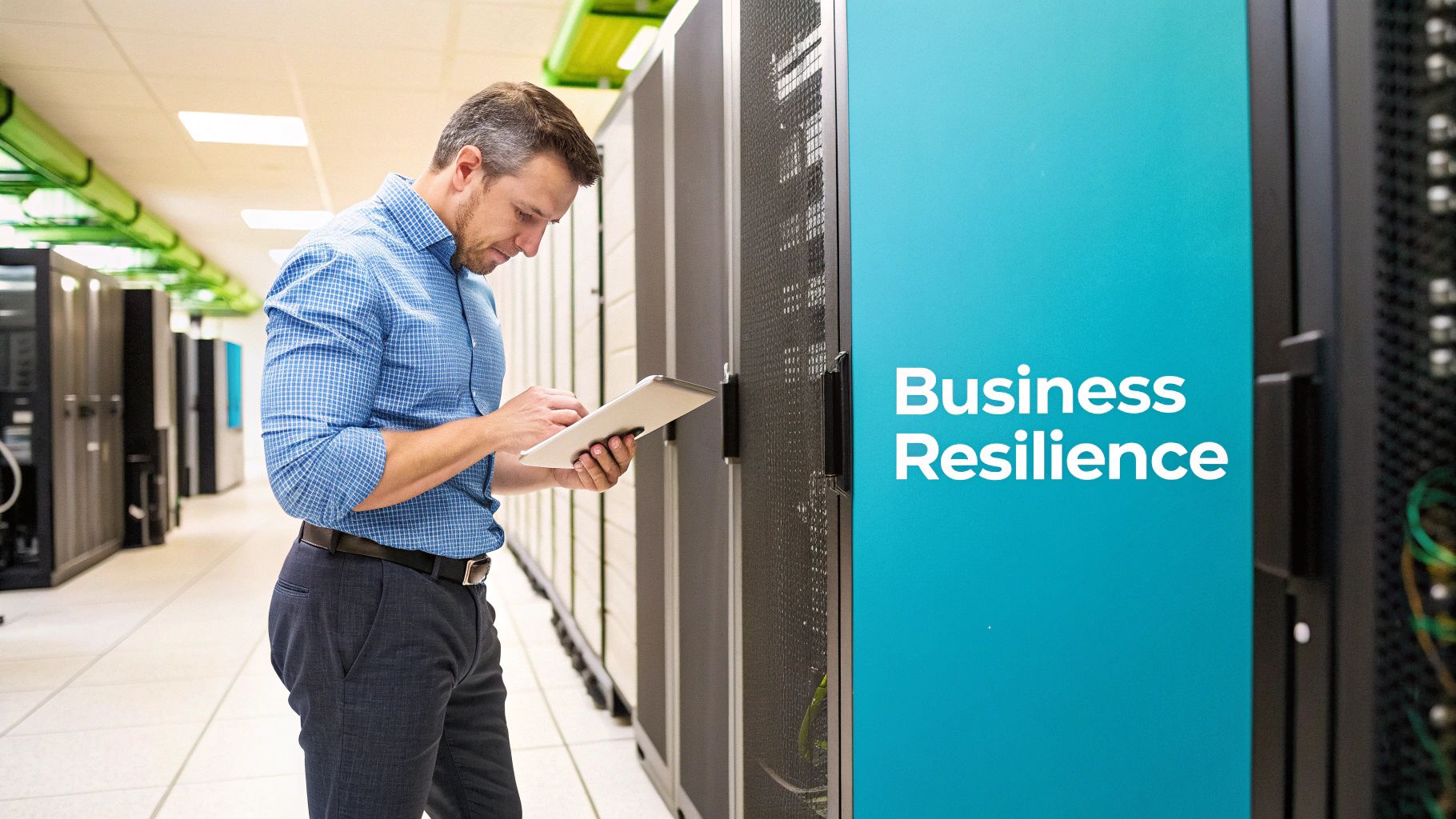 An IT professional uses a tablet to monitor servers in a data center, highlighting business resilience.