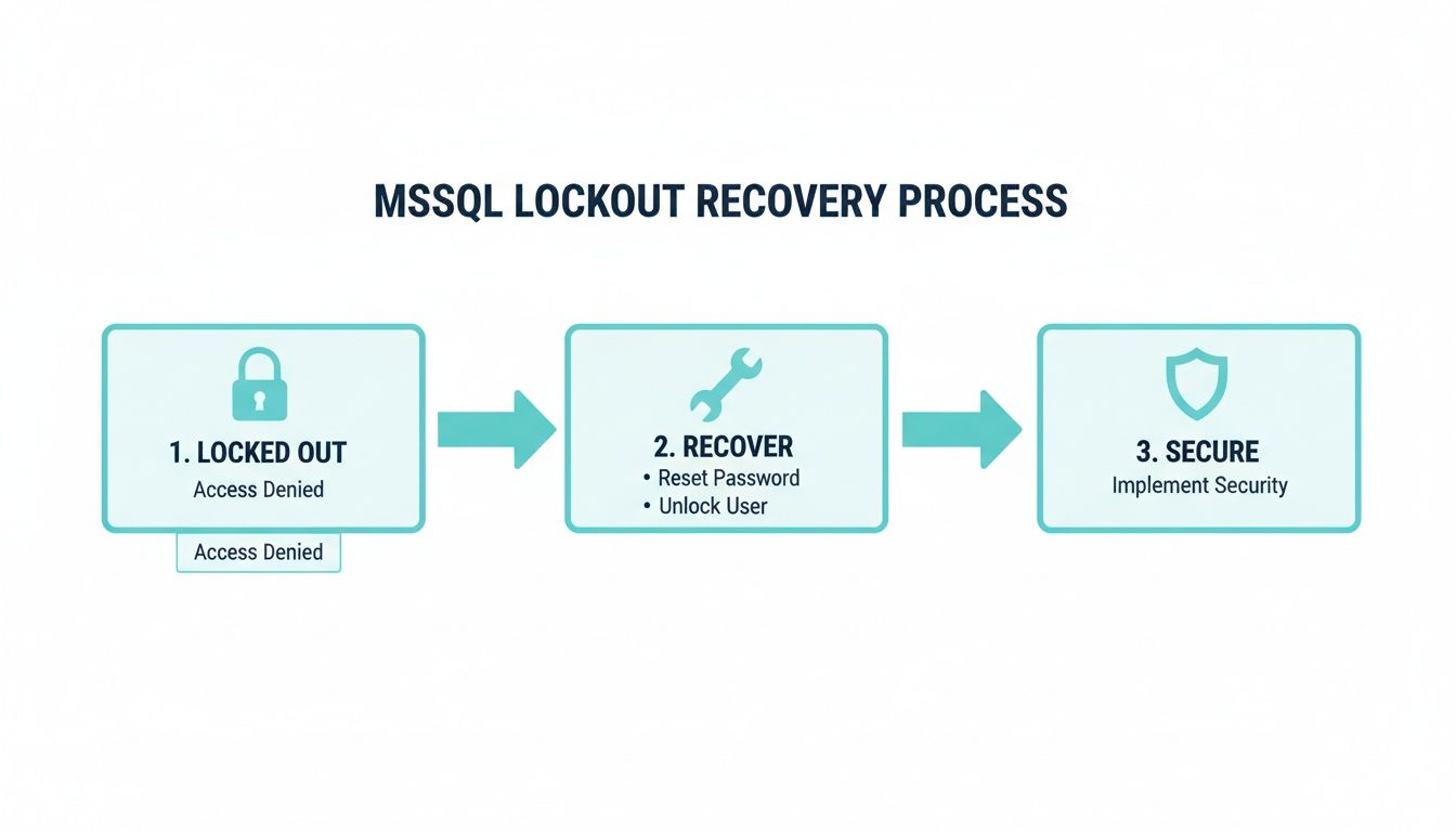 Flowchart illustrating the three-step MSSQL lockout recovery process: Locked Out, Recover, and Secure.