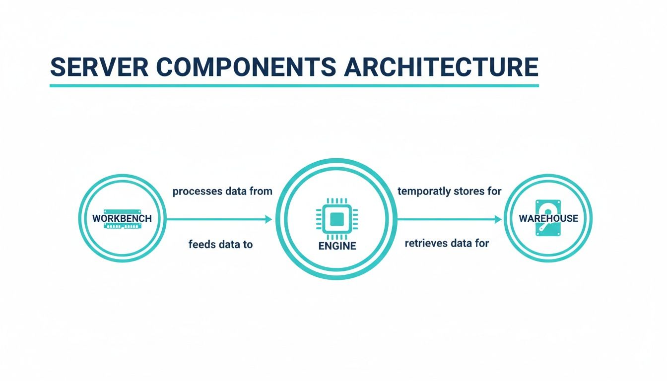 Diagram illustrating server components architecture with data flow between Workbench, Engine, and Warehouse.