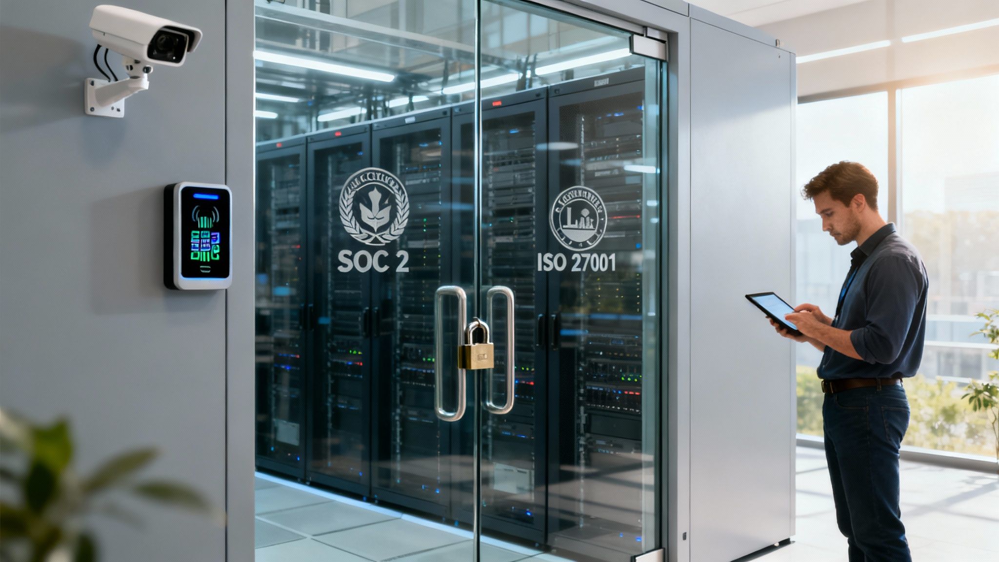 Secure data center server room with SOC 2 and ISO 27001 compliance certifications