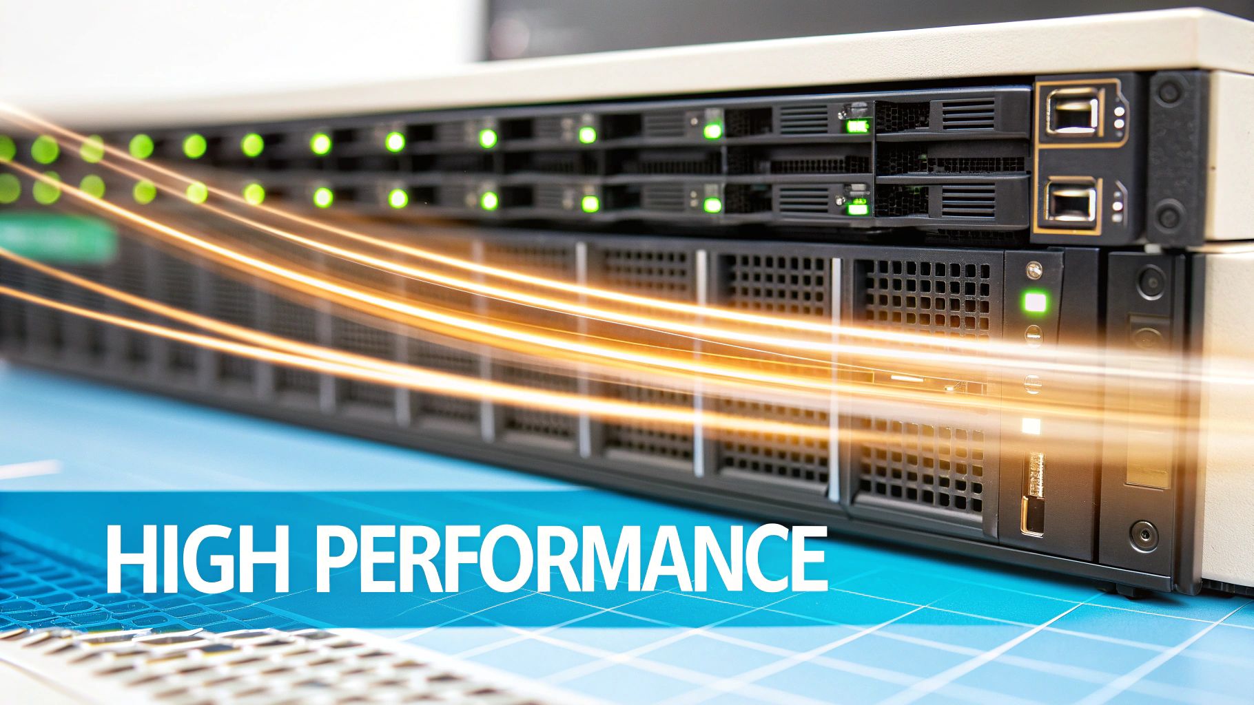 Server racks with green indicator lights and orange data trails, symbolizing high performance computing.