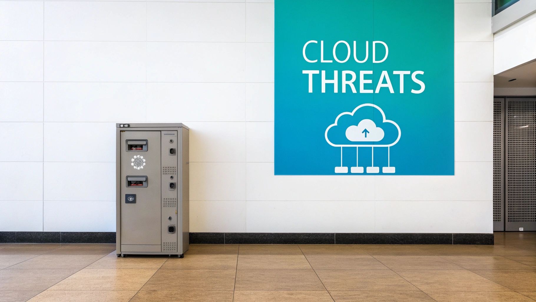 A large blue-green sign on a white wall reads 'CLOUD THREATS' with a cloud icon, next to a grey machine.