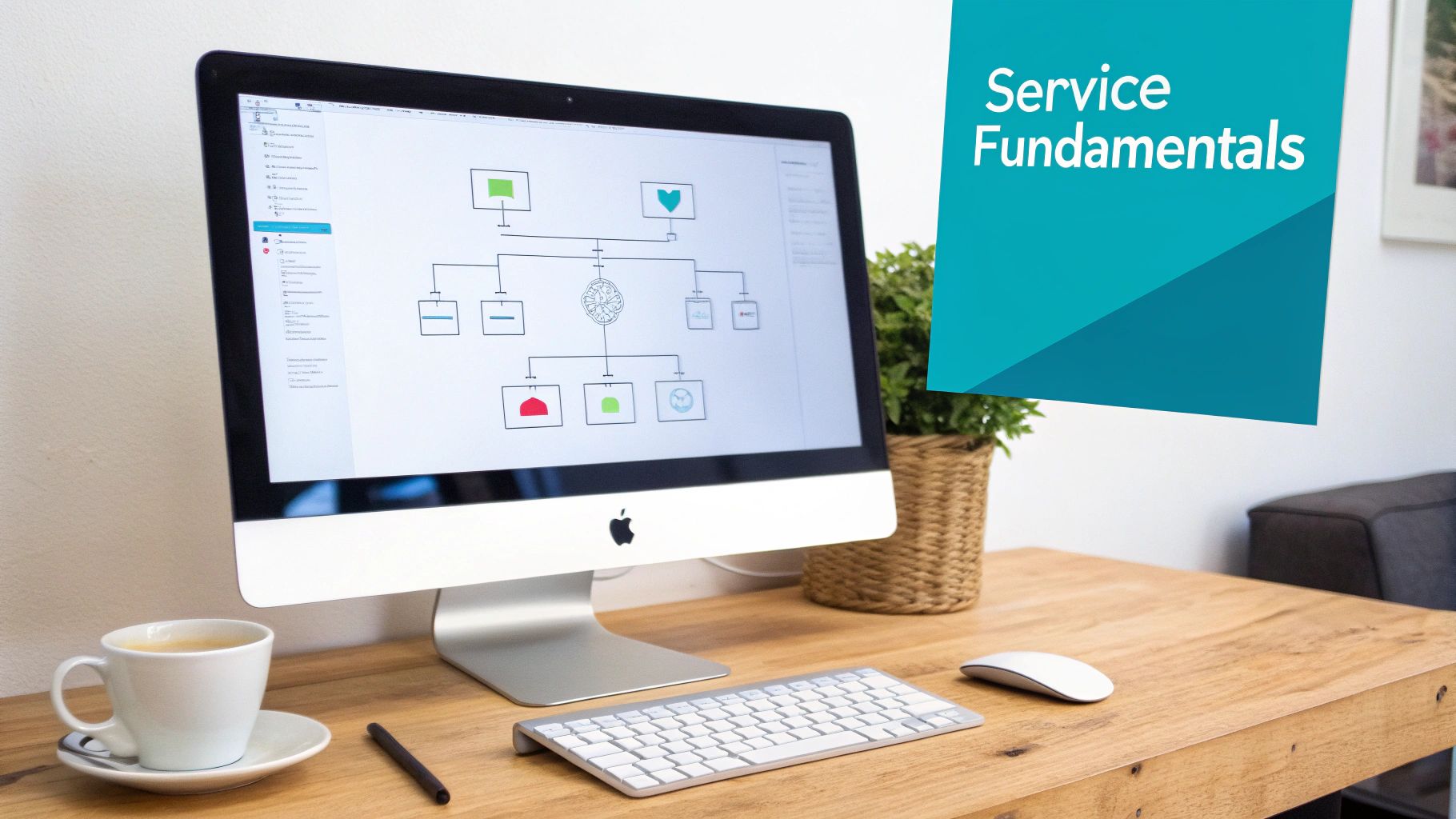 A modern workspace featuring an iMac displaying a flowchart, a coffee cup, keyboard, and mouse.