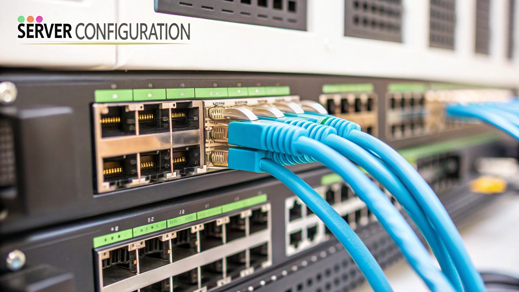 Close-up of server racks with blue Ethernet cables plugged into network switches, highlighting server configuration.