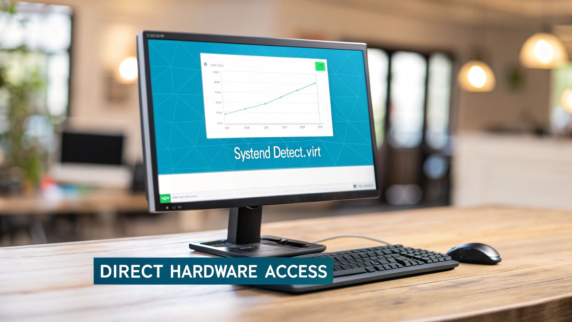 Desktop computer monitor showing a system detection graph on a wooden desk, emphasizing direct hardware access.