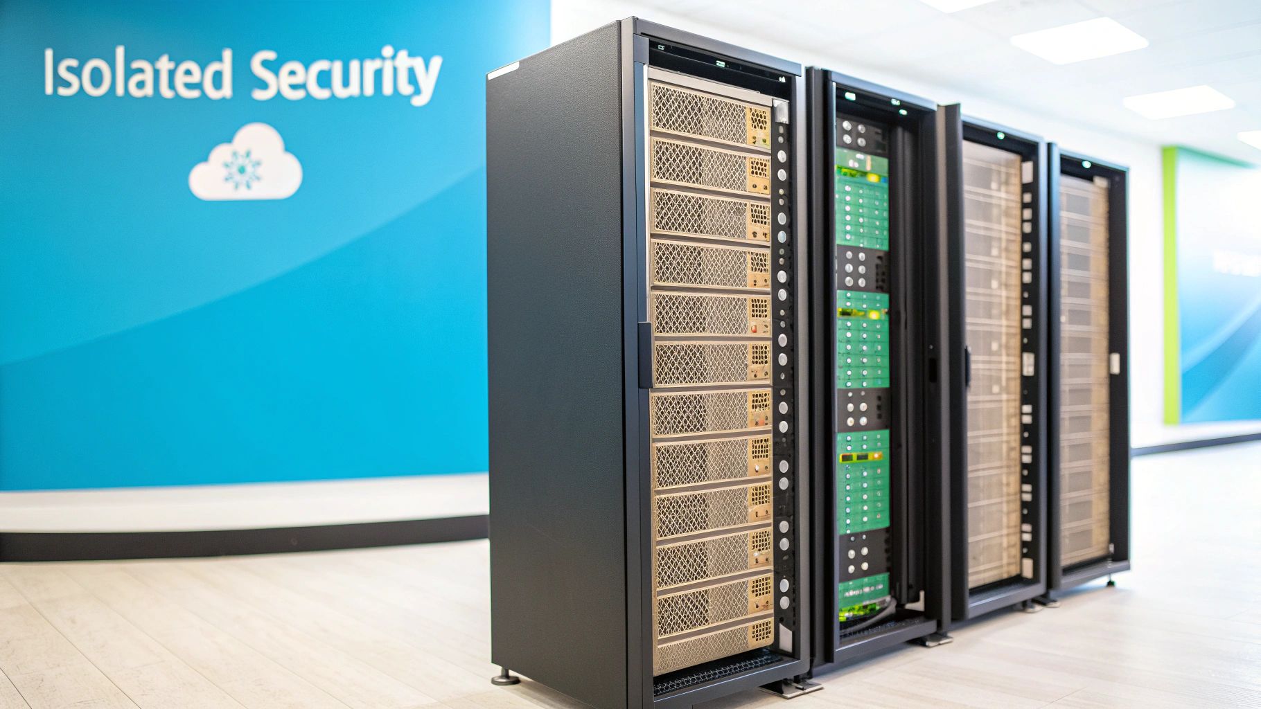 A row of server racks in a data center, with a blue wall displaying 'Isolated Security' and a cloud logo.