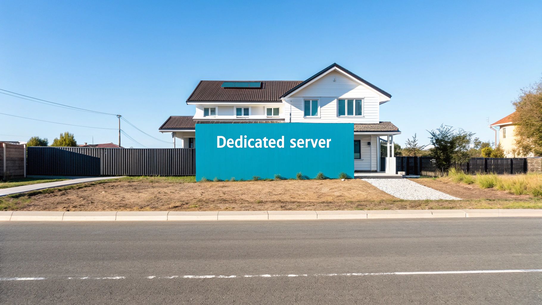 A bright blue sign with "Dedicated server" text placed in front of a white house.
