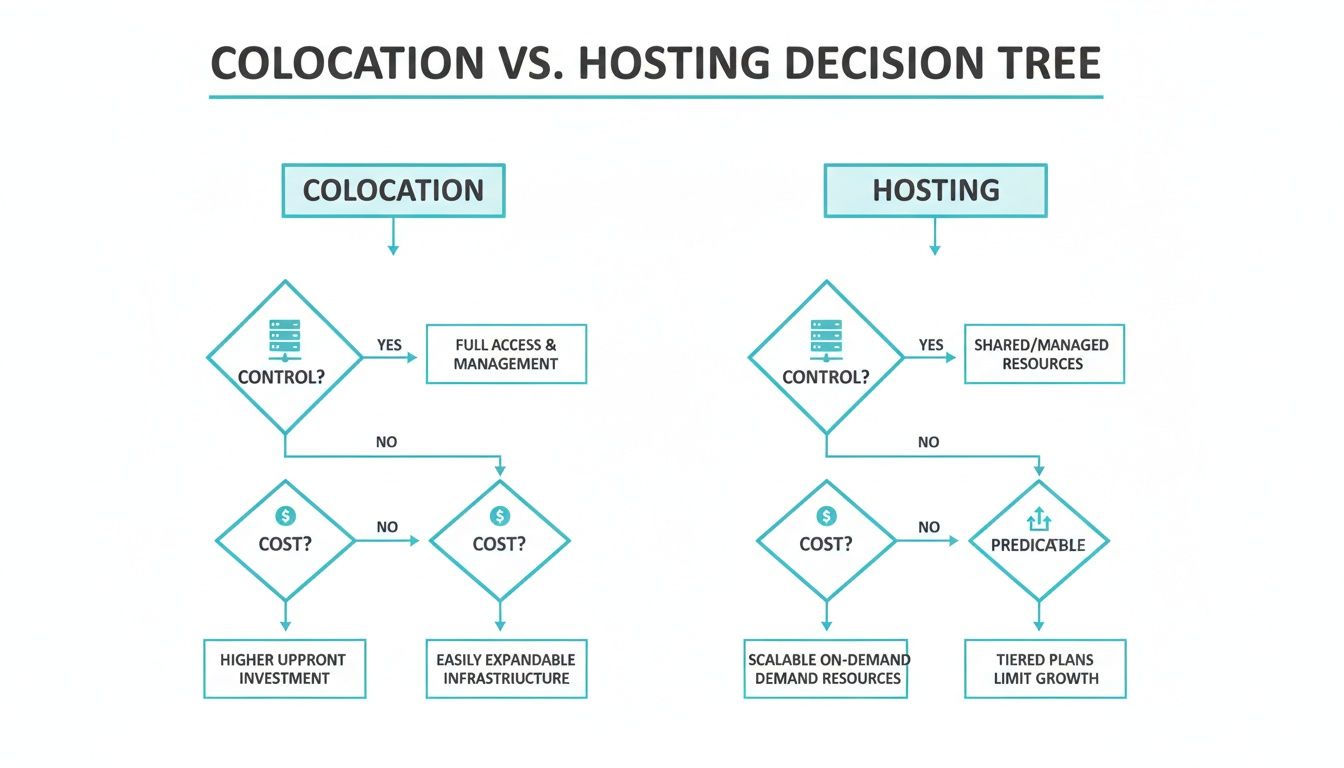 Decision tree diagram comparing colocation versus hosting, outlining control, cost, and scalability considerations.