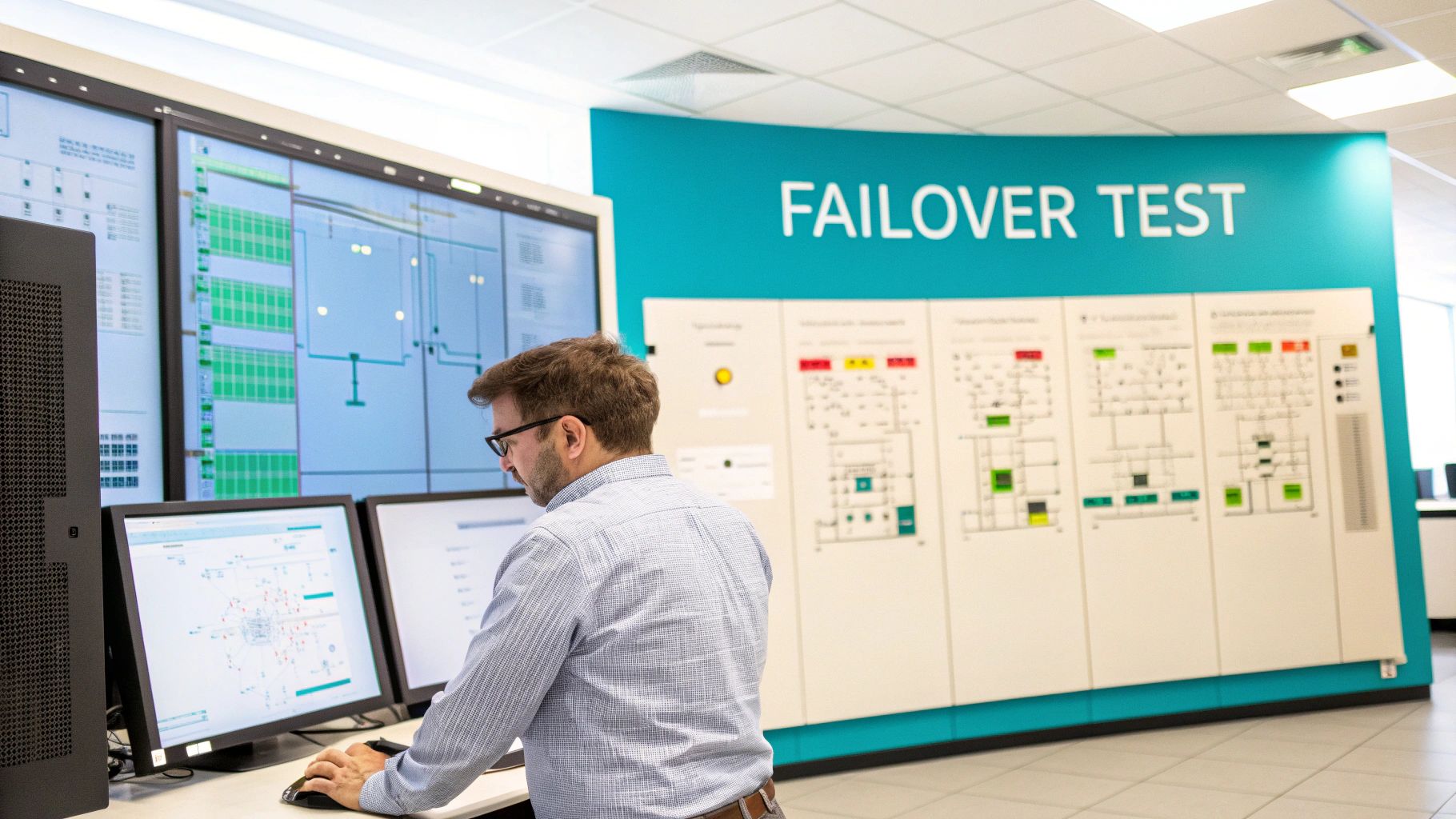 Engineer conducting a failover test in a control room with multiple screens.