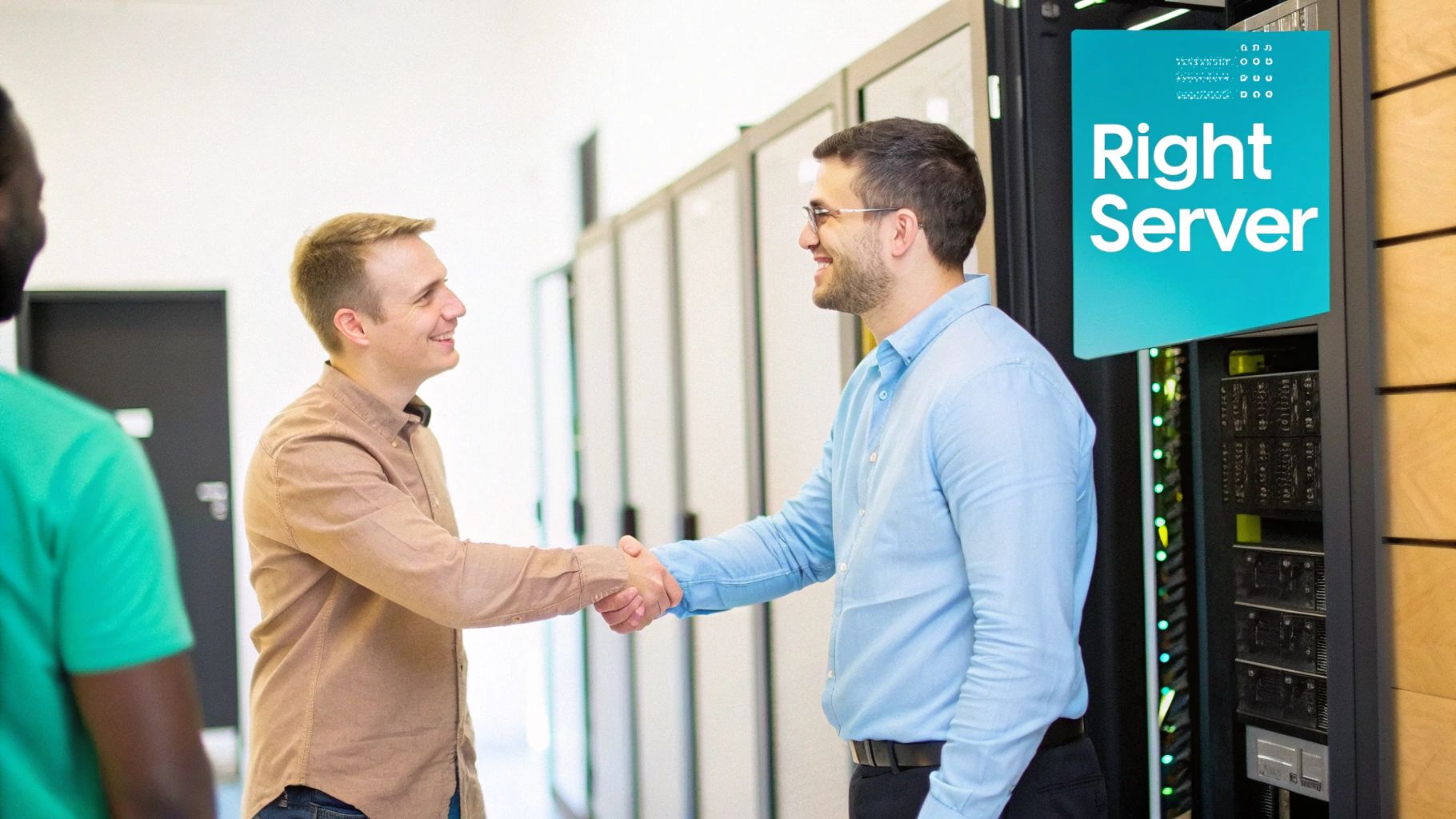 Two IT professionals shaking hands in a modern data center with server racks.