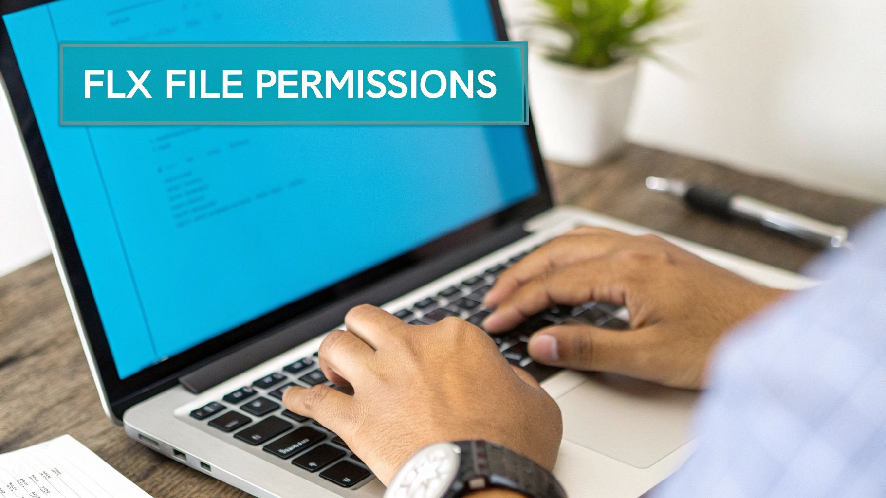 A person's hands typing on a silver laptop displaying "FLX FILE PERMISSIONS" on a blue screen.