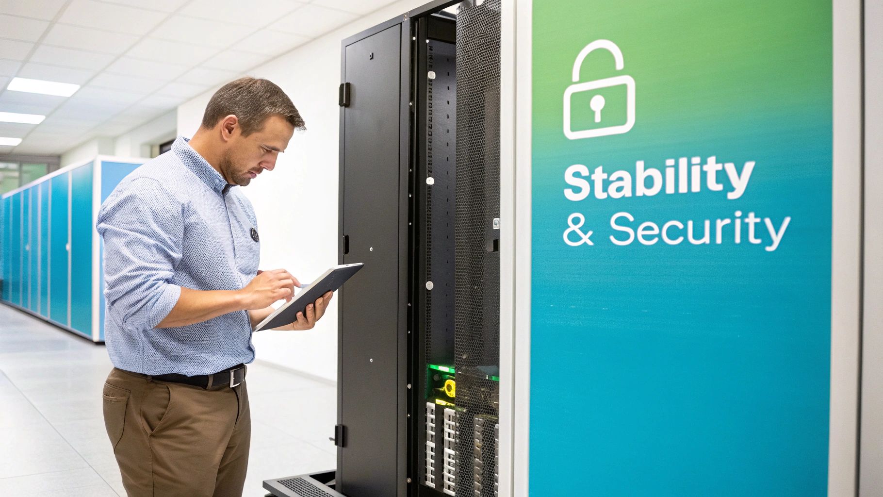 A man in a light blue shirt and brown pants checking a server rack in a data center with a tablet.