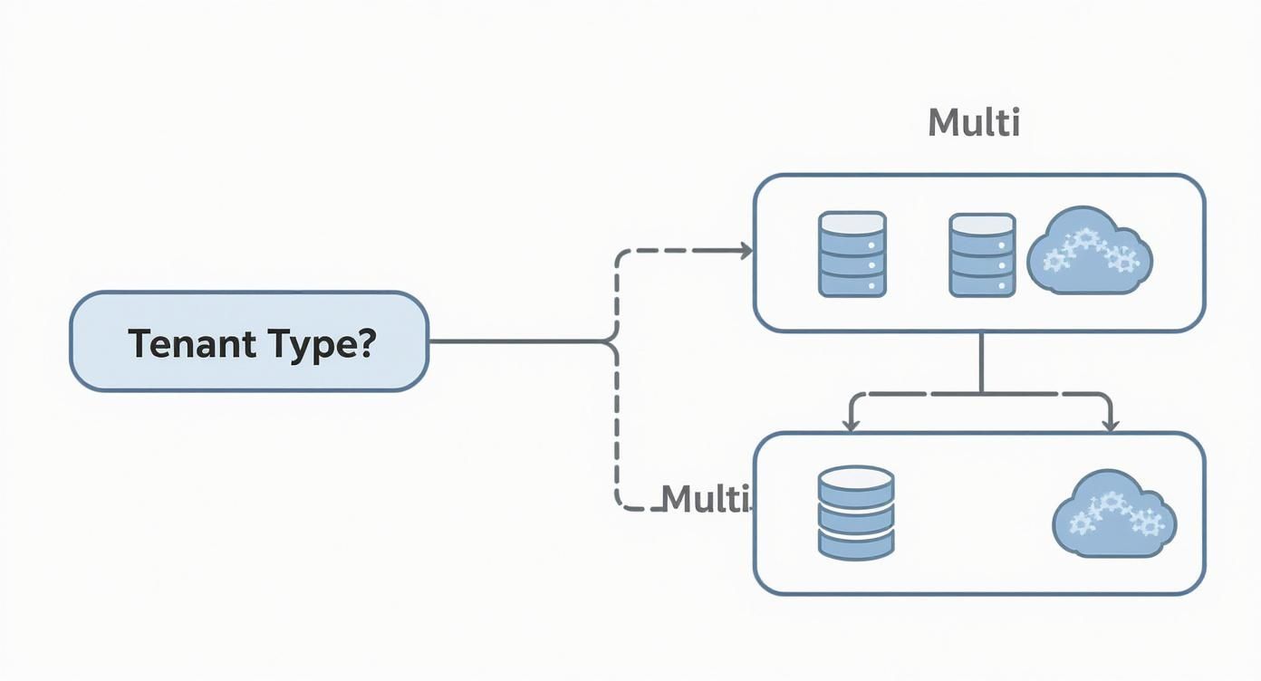 A diagram illustrating 'Tenant Type?' decision leading to two multi-tenant environments with databases and cloud services.