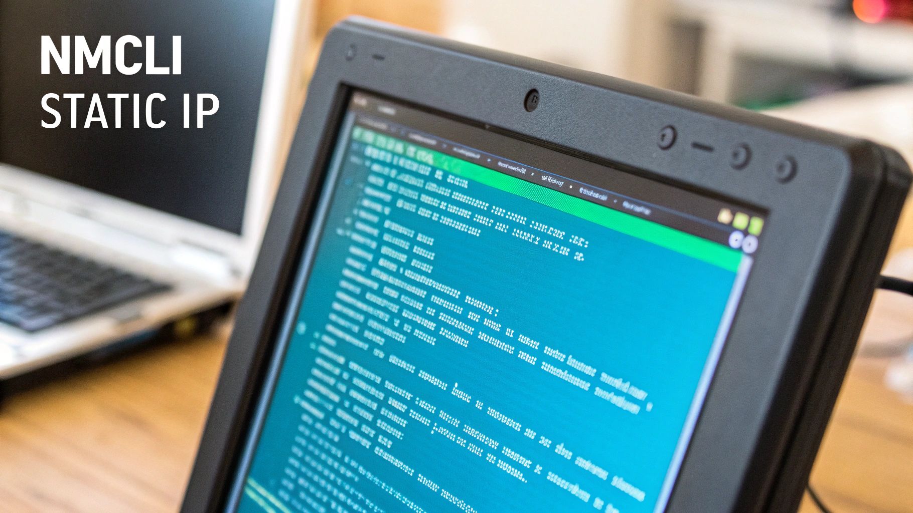 A rugged tablet displaying technical code with 'NMCLI STATIC IP' overlaid, showing network configuration.