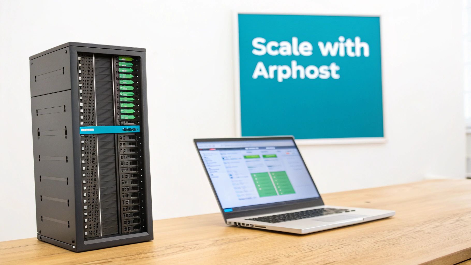 A server rack with many drives next to a laptop showing a data dashboard and Arphost sign.
