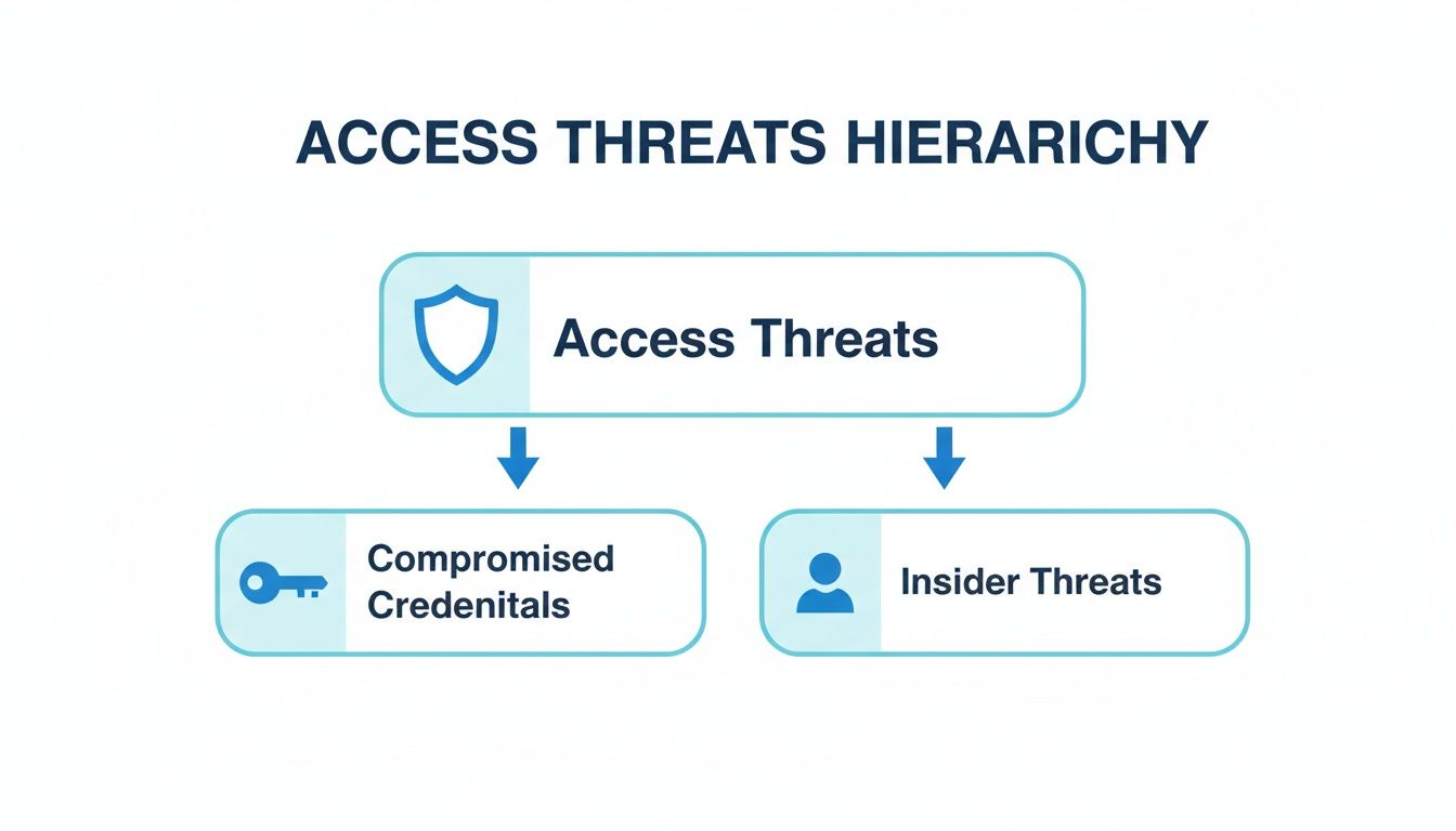 A diagram illustrating the hierarchy of access threats, including compromised credentials and insider threats.